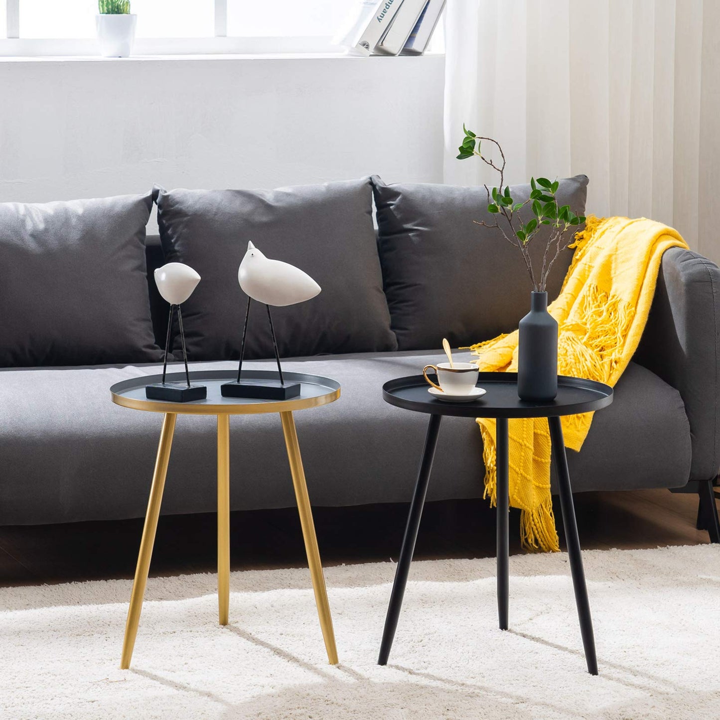 YOUDENOVA Side Table Metal Living Room Table Gold Round Coffee Table Small End Table Modern Decorative Table Steel Pipe Tripod Ø 40.5 cm x 50 cm