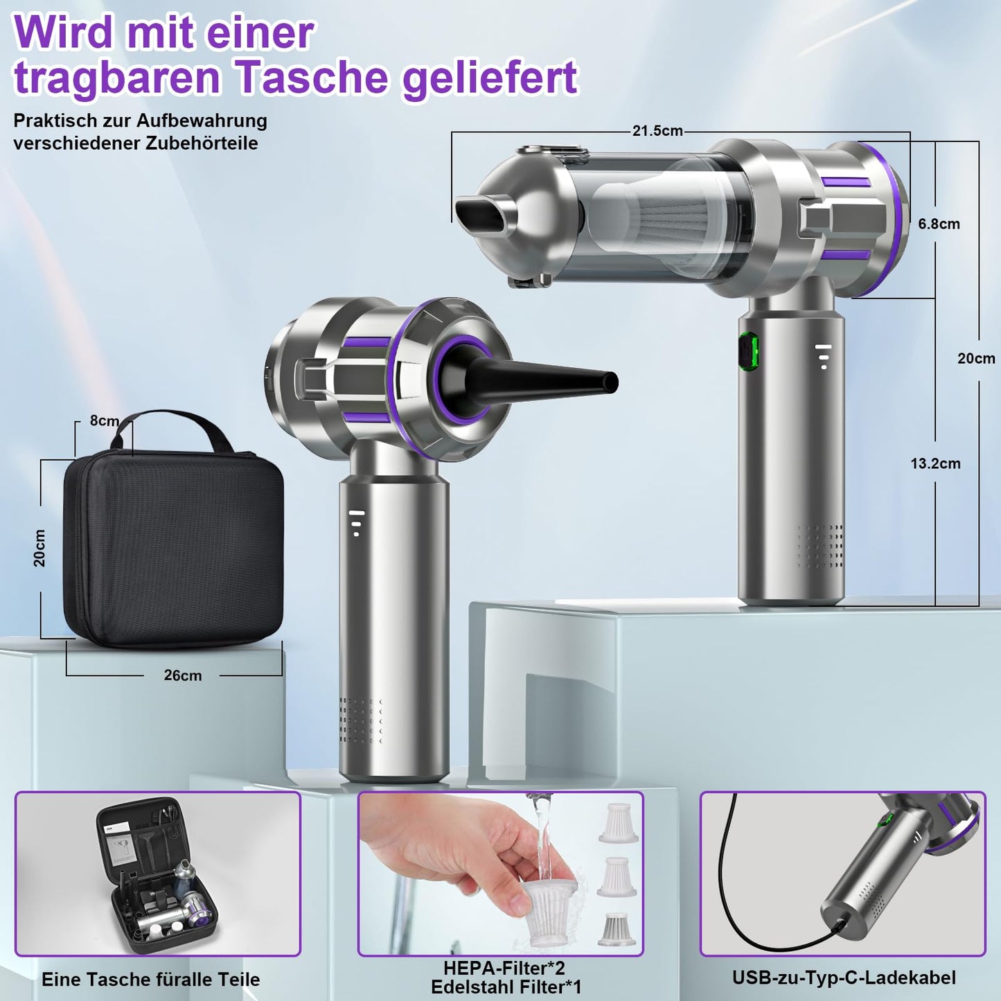 RABIGALA Cordless Handheld Vacuum Cleaner 4-in-1, 25000PA, Car Vacuum Cleaner, Electric Air Blower 220000 RPM 3-Speed Blower for Computer, Kitchen, Sofa, Office