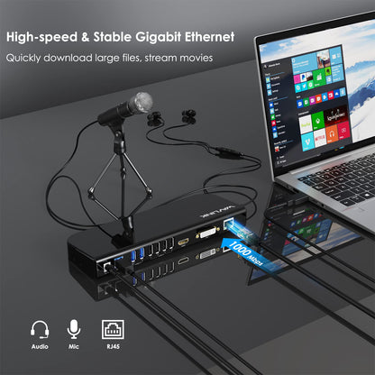 WAVLINK USB 3.0 / USB C Universal Laptop Docking Station, Dual HDMI Monitor for Windows and Mac, (Dual Video Output: HDMI and HDMI/DVI/VGA, Gigabit Ethernet, Audio, 6 USB Ports)