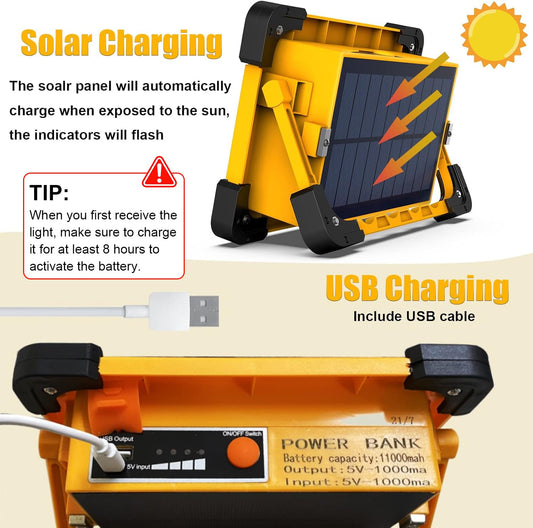 OHAYORI LED work light battery, 80W 6000mAh USB rechargeable solar spotlight, magnetic portable camping lamp, 4 light modes IP65 waterproof for workshop, construction, repair, emergency