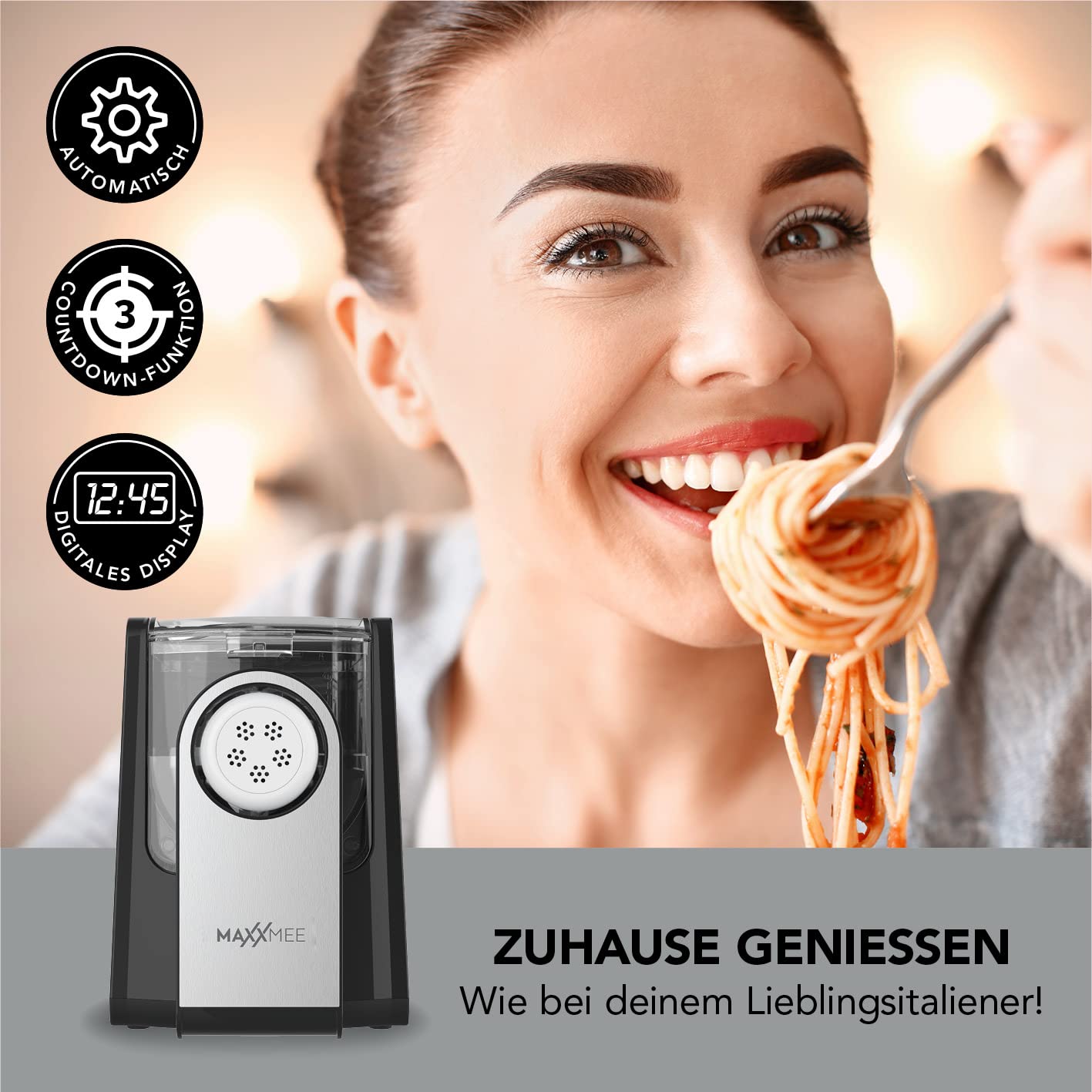 MAXXMEE Pasta Maker with 7 shaping discs for different types of pasta | Easy creation of fresh pasta | Digital control panel and countdown function | 30.7 x 19.8 x 26.3 cm [PP, silicone, PVC]