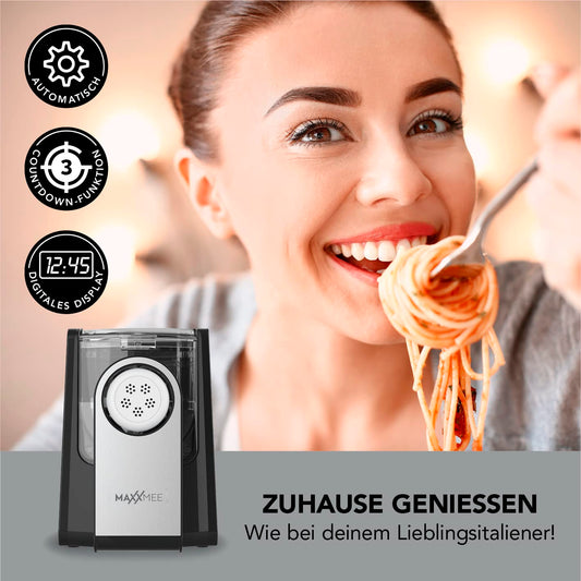 MAXXMEE Pasta Maker with 7 shaping discs for different types of pasta | Easy creation of fresh pasta | Digital control panel and countdown function | 30.7 x 19.8 x 26.3 cm [PP, silicone, PVC]