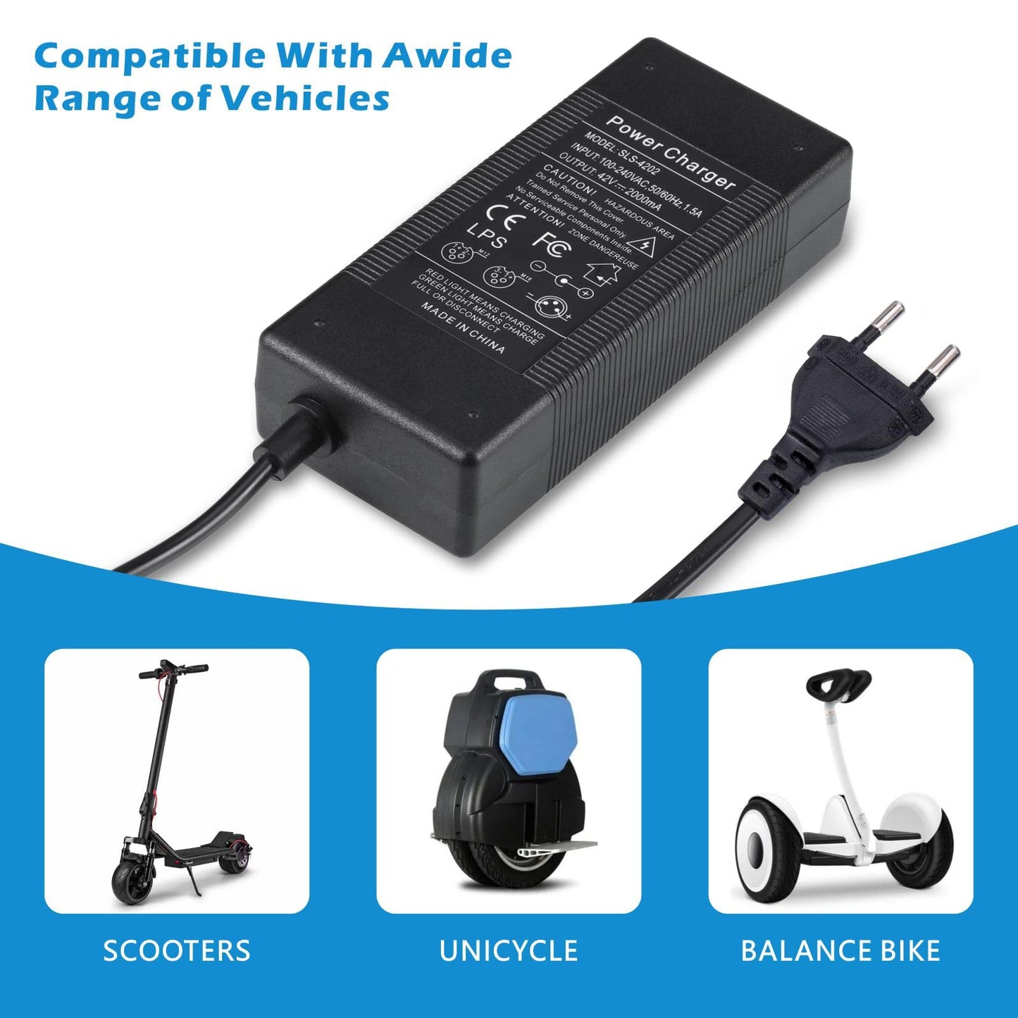 JIZZU Charger for Scooter, E Scooter Charger, 36 Volt 42V 2A AC Power Supply Bike, Hoverboard Charging Cable with 6 Connectors, Hoverboard Battery Electric Scooter Charger for Electric Scooter.