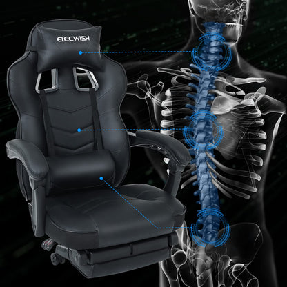Puluomis Gaming Chair, Office Chair with Footrest, Racing Gaming Chair, PC Chair, Swivel Height Adjustable, 90-150° Backrest Adjustable, Removable Headrest, Lumbar Pillow, Ergonomic, Black