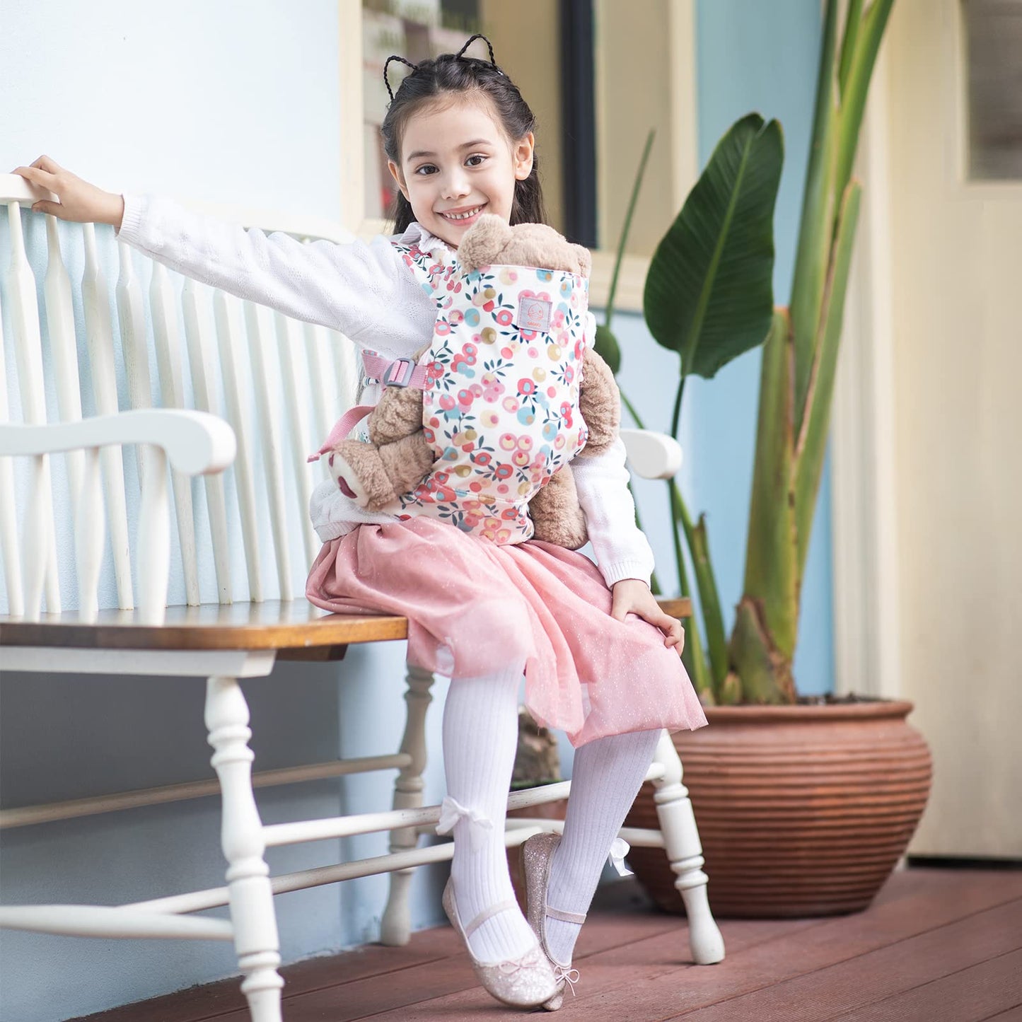 GAGAKU doll carrier, front & back cross shoulder straps, for kids over 3 years old. Made of 100% cotton in pink plum color. Ideal for carrying dolls.