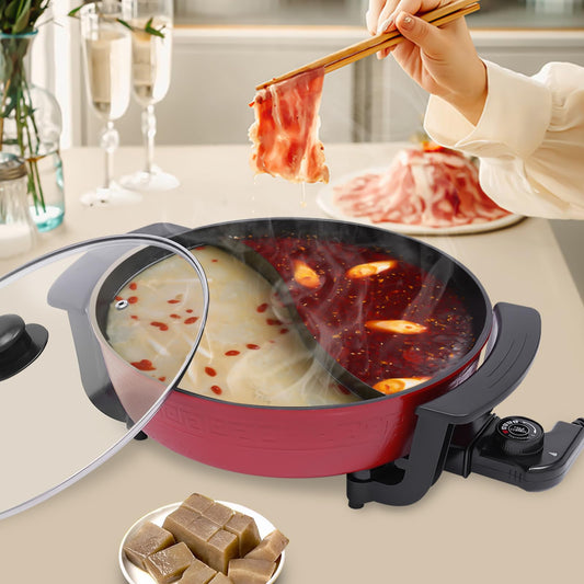 Electric Hotpot Pot with Divider - 6L Chinese Fire Pot for 8 People (1360W) | Electric Leak Protection, Energy Saving Function, Lid & Heating Base