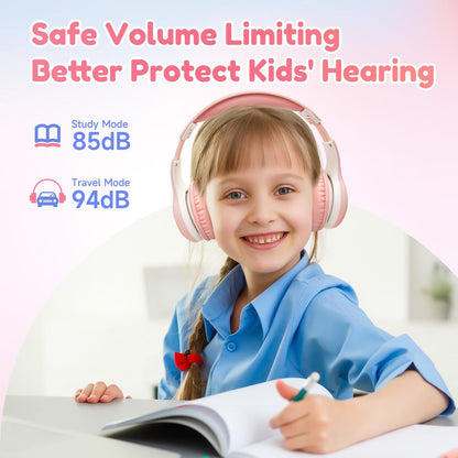 EarFun Bluetooth headphones for kids, 85/94dB volume control, HiFi sound, HD microphone, 40 hrs battery, foldable, adjustable, wireless Bluetooth headphones for school/travel, Pink