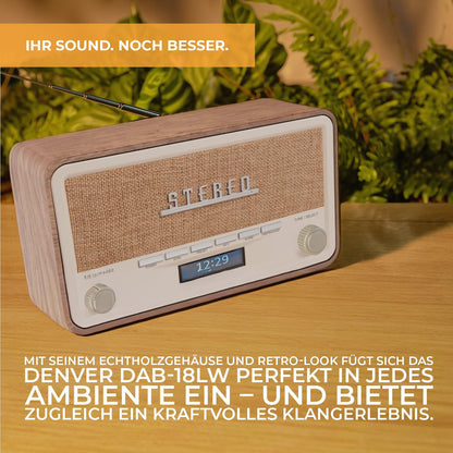 Denver Retro DAB-18 Digital radio | DAB Plus radio with Bluetooth & FM | 2x20W stereo speakers | Small radio with power plug | Kitchen radio with good sound | LCD display & alarm function