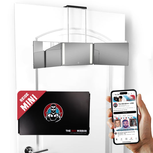 LIPFISBARBERSHOP.COM Portable Mini 360 Degree LED Mirror - Adjustable Hooks - Self-Haircut Mirror - Compact 3-Way Mirror for precise haircutting - Self-Haircut Mirror.