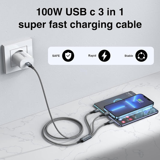 100W USB C to Multi Cable [1.2M] Fast Charging Cable with E-Mark Chip 3 in 1: [100W] + Micro [10W] + Lightning [27W] for Galaxy S23/iPad Pro, iPad Mini, MacBook Pro/Air/iPhone 15 14 13