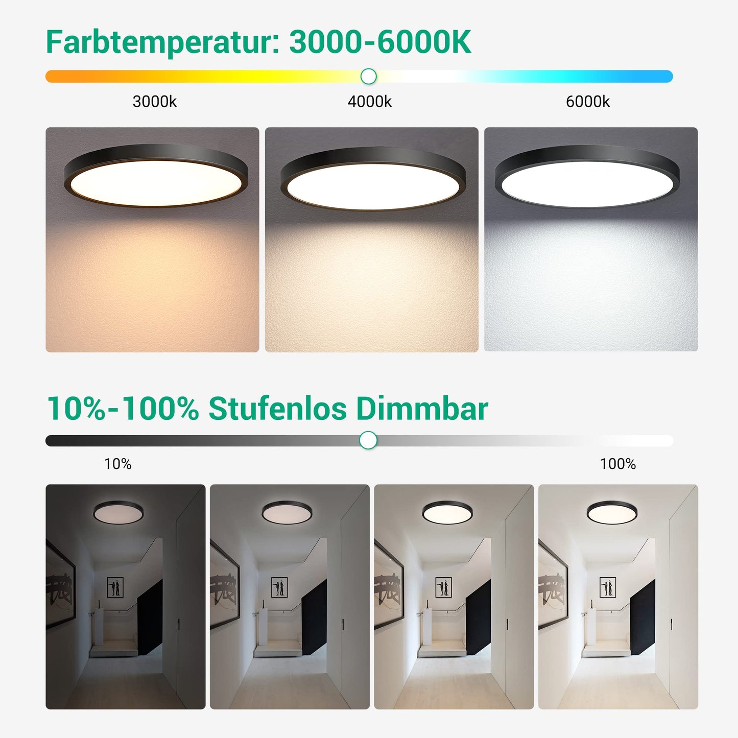 EDISHINE LED Ceiling Light Dimmable 28W, 2520lm Black Flush Mount Ceiling Lamp with Remote Control, 3000K/4000K/6000K, Modern Simple Thin Kitchen Light for Bathroom/Bedroom/Basement/Balcony Ø30cm