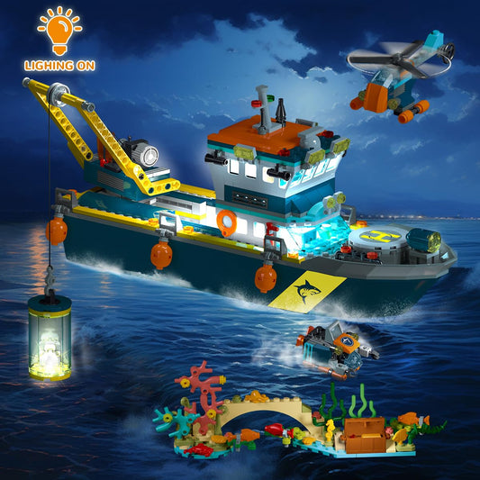 HOGOKIDS City Floating Boat Building Kit with LED Lights - Fun Arctic Explorer Ship Building Brick Ocean Exploration with Helicopter Submarine Birthday Gift for 6+ Year Old Boys Girls Kids