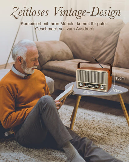 PRUNUS J-120 AM/FM/SW Retro Radio Small, portable radio with 1800mAh battery, or AC power, kitchen radio with Bluetooth, supports USB/TF/AUX, simple radio for seniors. [Light Gold]