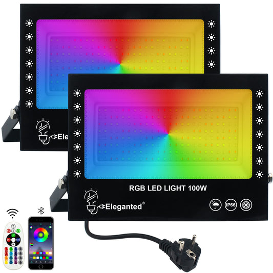 Elegant RGB floodlights 2pcs 100W LED spotlights colorful Bluetooth app control, 16 million colors color changing spotlights, IP66 waterproof outdoor spotlights for DJ disco Halloween party garden