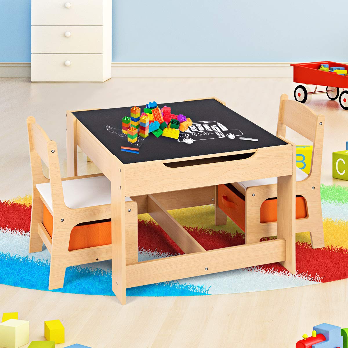 DREAMADE Multifunctional Kids Table Set, Children's Table with 2 Chairs & 2 Storage Boxes for extra space, removable tabletop with chalkboard for drawing, 3-piece Children's Furniture Set (Natural)