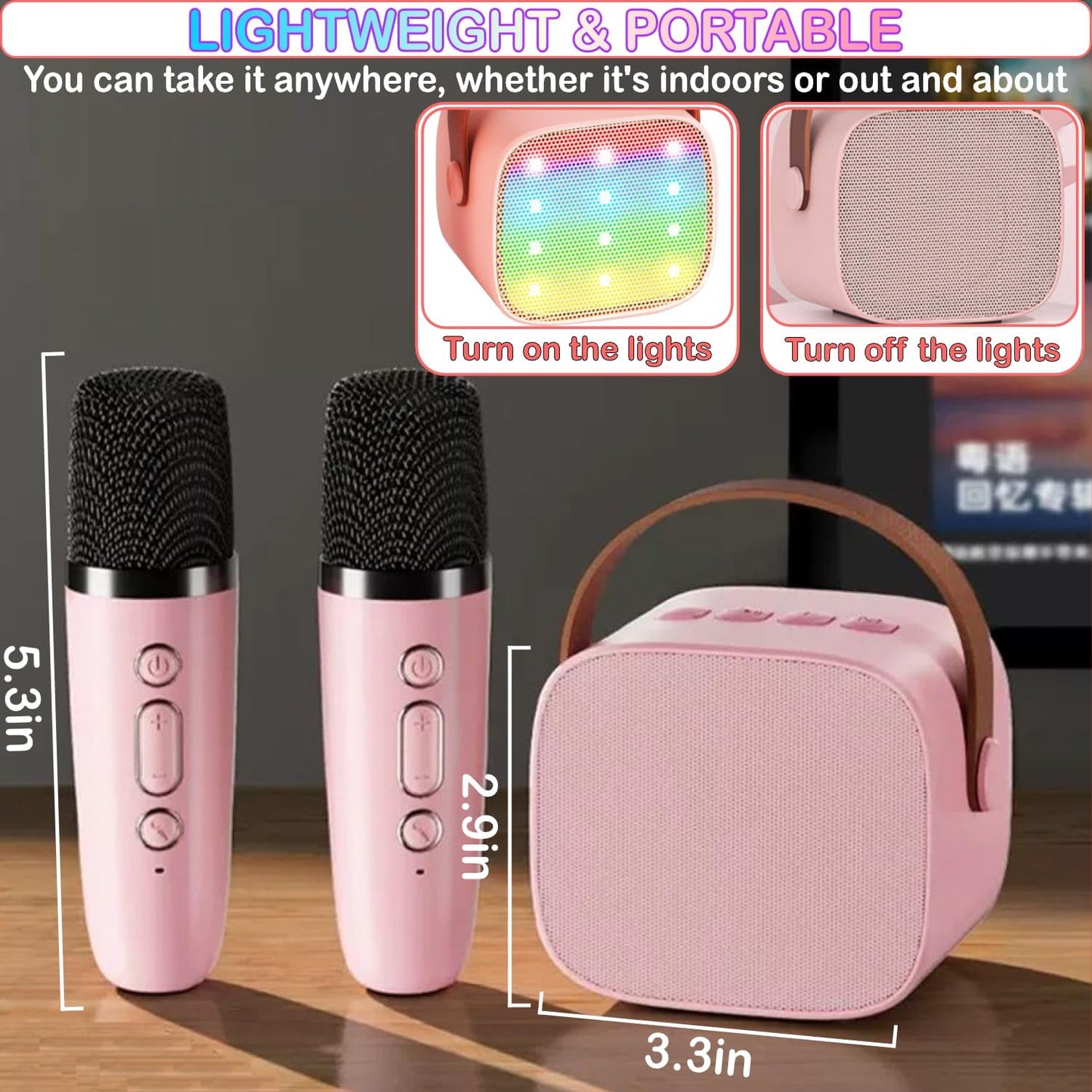 DiliDala Karaoke machine with 2 wireless microphones, Bluetooth speaker with light effects. Portable Bluetooth Karaoke machine for adults with voice changing effects for kids.