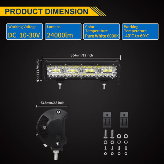 SKYWORLD LED work light bar 30.4cm 240W LED spotlight 12V 24V work light additional spotlight with toggle switch wiring harness for car off-road tractor car truck SUV UTV ATV.