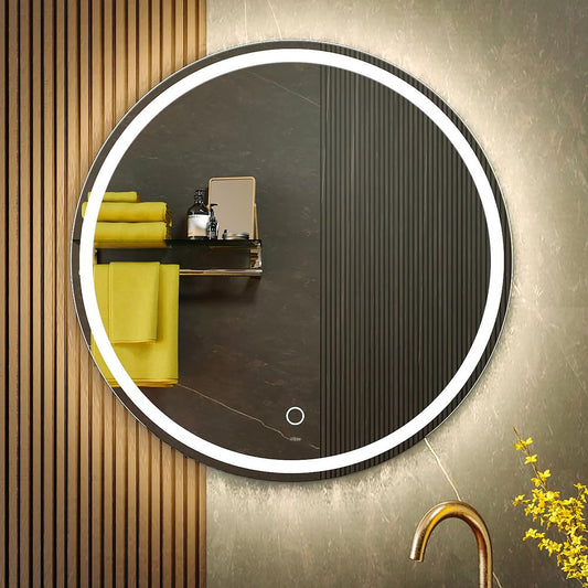 KWW 70cm LED Round Bathroom Vanity Mirror, Adjustable Color Temperature, Anti-fog Dimmable Lights, Wall Mounted Makeup Mirror with Smart Touch Button