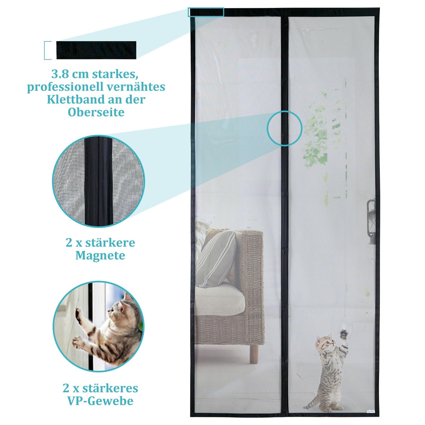 Apalus VP Magnetic Screen Door, Insect Screen for Balcony Door 90x200 cm, 2x more durable than the Apalus Classic, Cat claw resistant, Stronger magnets, 3.8 cm wide Velcro, Not adjustable.