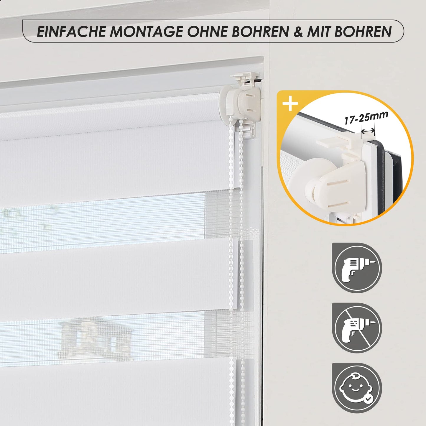 Double roller blind clamp fix without drilling & with drilling, 80x130cm (fabric width 76cm) White, 3-in-1 Duo Roller blind for windows & doors, window blind inside light-permeable & darkening, clamp blind blinds sun protection
