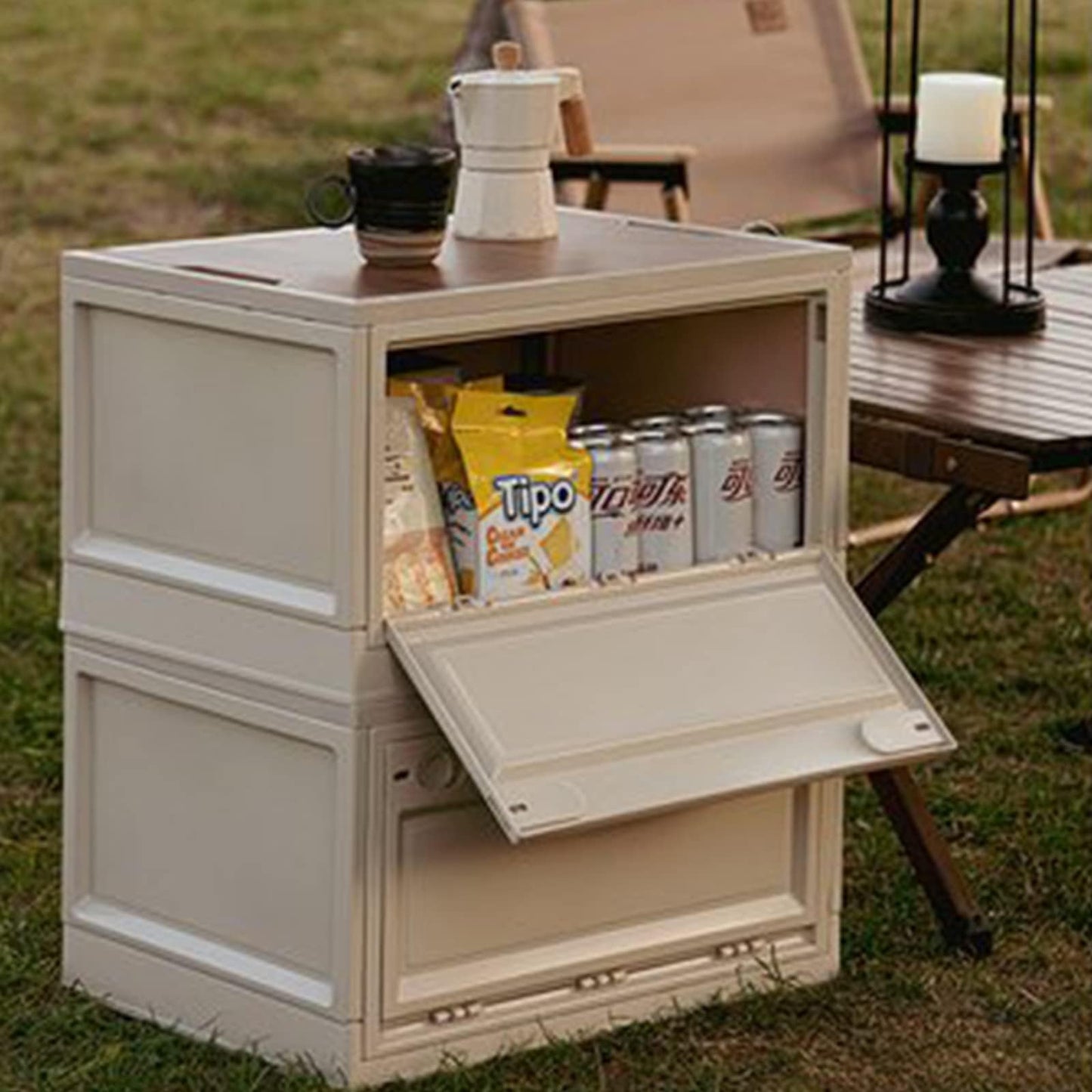 RMAN storage box with lid 38L camping cupboard foldable plastic storage container with lid storage crates cushion box as tabletop for outdoor camping car trunk - White