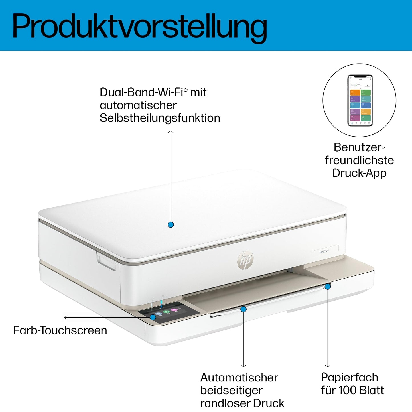 HP ENVY 6120e, all-in-one printer, 3 months of free printing with HP Instant Ink included, print, copy, scan, mobile faxing, Wi-Fi, automatic double-sided printing.