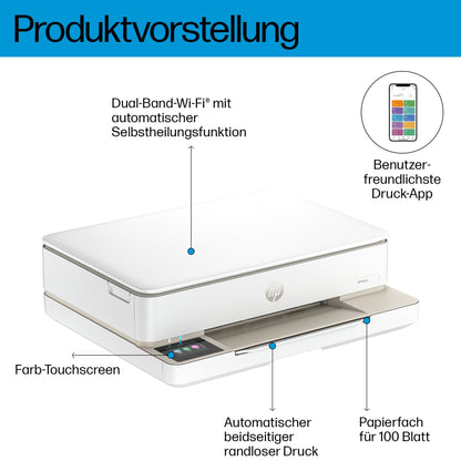 HP ENVY 6120e, all-in-one printer, 3 months of free printing with HP Instant Ink included, print, copy, scan, mobile faxing, Wi-Fi, automatic double-sided printing.