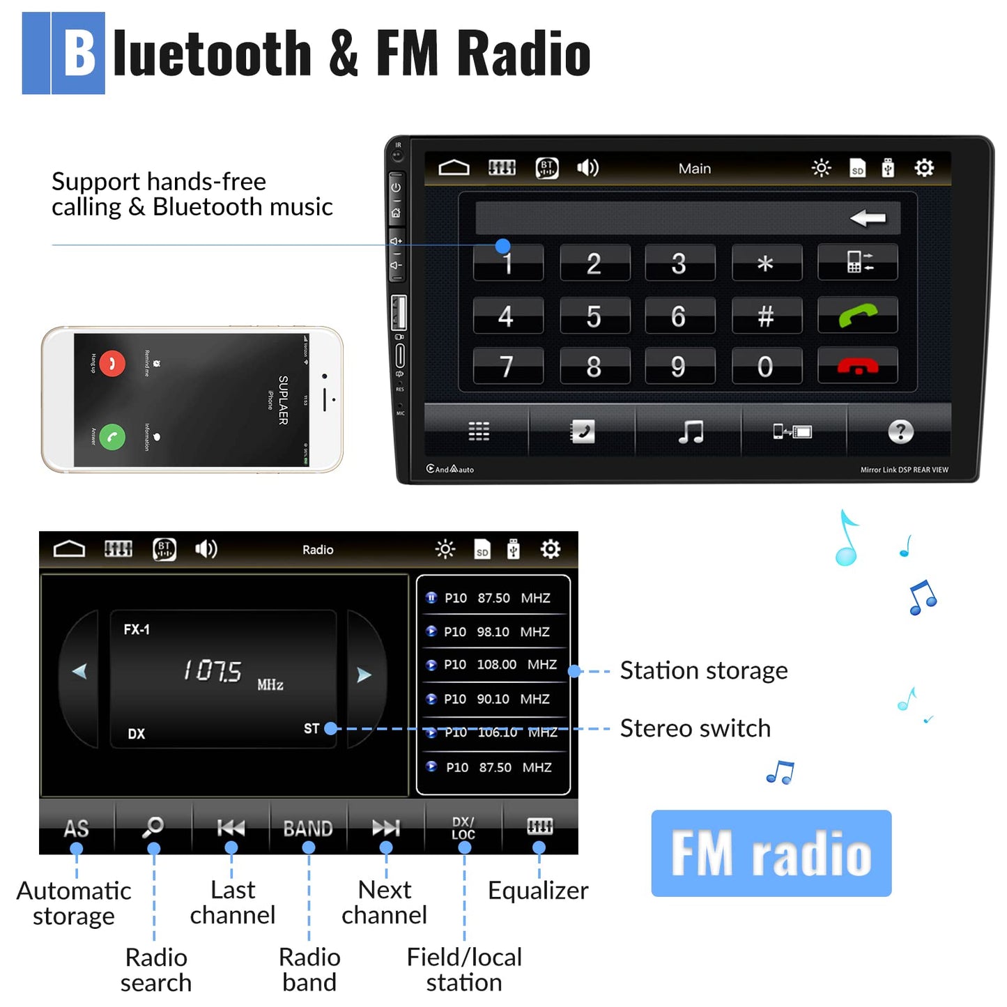 1 Din car stereo with Apple Carplay Android Auto Bluetooth hands-free system 9-inch touchscreen car stereo with Mirror Link Bluetooth FM radio USB/AUX/TF/EQ steering wheel control + rearview camera microphone