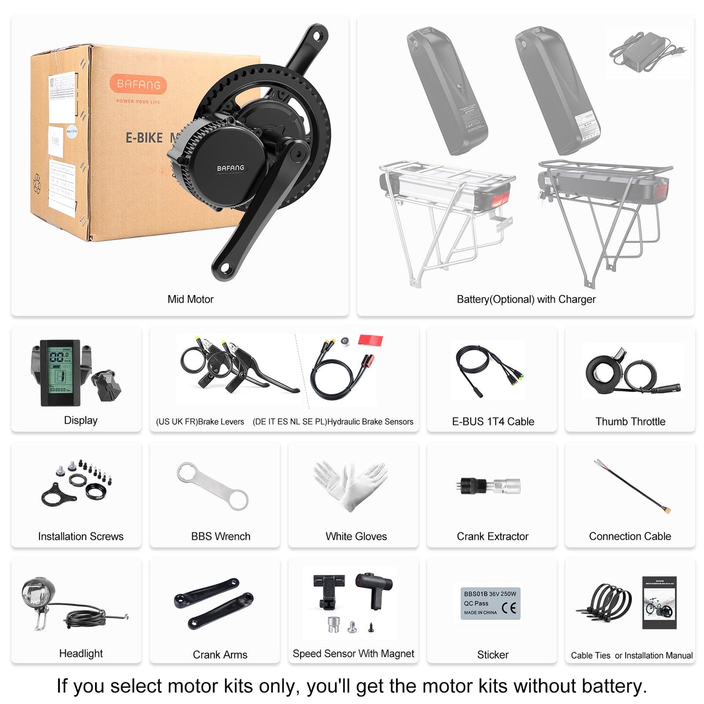 BAFANG mid-drive motor BBS01B 36V 250W ebike conversion kit, no battery included.
