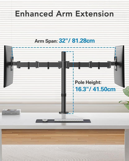 HUANUO dual monitor stand for 13 to 32 inch screens, height adjustable, tilt, swivel, rotate, extended arm for two monitors, VESA 75/100.