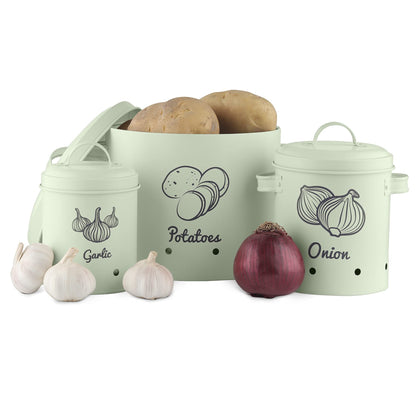 Navaris food storage containers set made of iron for potatoes, onions, garlic - dishwasher safe.