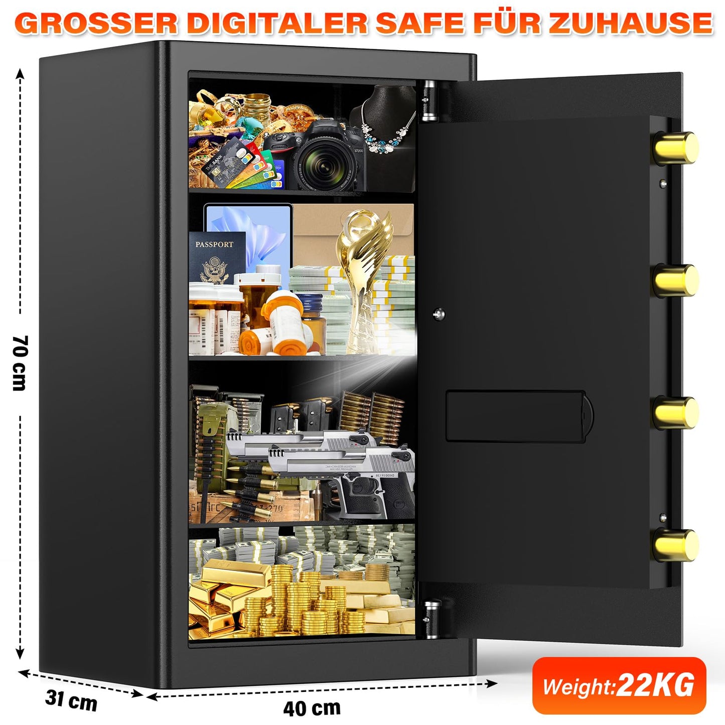 90L Large Fireproof Safe with Fireproof Document Bag, Digital Home Safe with Removable Shelf, Furniture Safe for Documents, Gold, Jewelry, Valuables