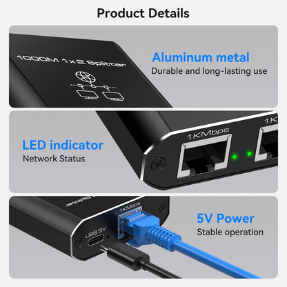 VEDINDUST LAN Splitter 1 to 2 1000Mbps Ethernet Splitter 2 Port With Type-C Power Cable Gigabit Switch for Computer, Hub, Router, Set-Top Box, Digital TV, etc.