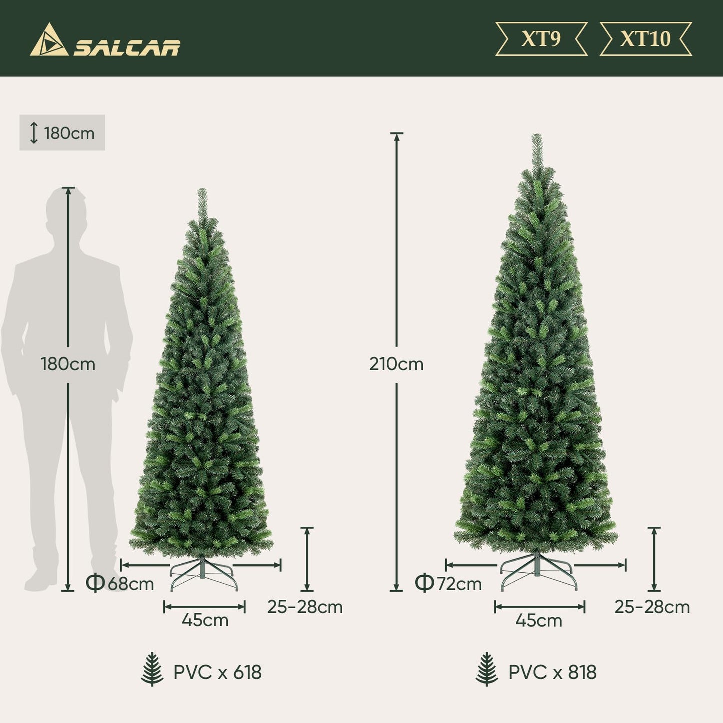 SALCAR Artificial Christmas Tree Slim 180 cm, Artificial Pine Tree with Gloves and Metal Stand, Pencil Christmas Tree PVC Green