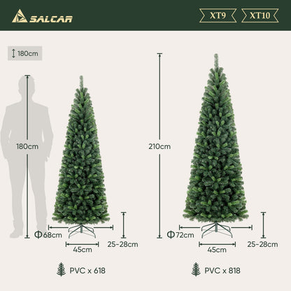 SALCAR Artificial Christmas Tree Slim 180 cm, Artificial Pine Tree with Gloves and Metal Stand, Pencil Christmas Tree PVC Green