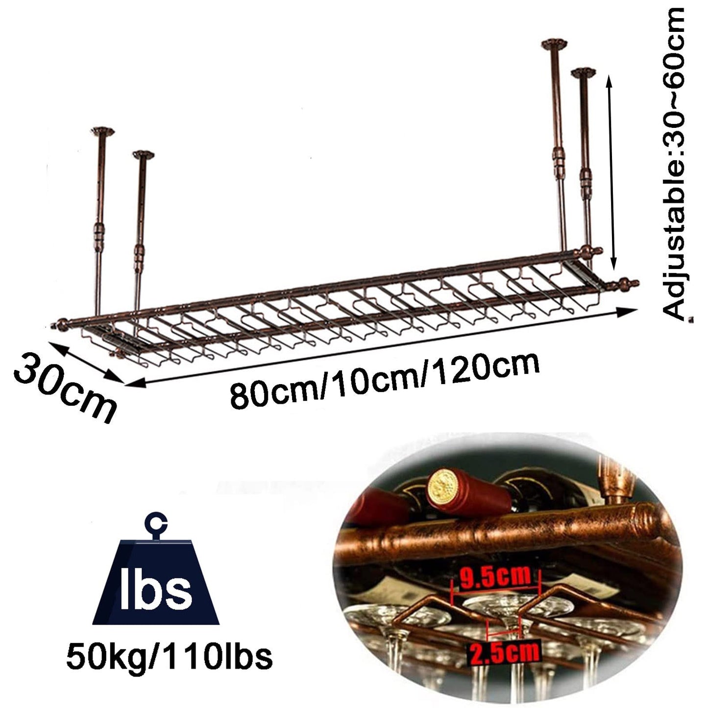 Ceiling wine rack, height and width adjustable hanging wine rack, inverted wine glass decoration shelf, free space on the desk, suitable for bar wine cellar kitchen (bronze, 120×30cm)