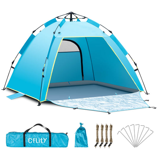 Cflity Beach Shelter, 1-3 Person Automatic Instant Pop Up Beach Tent, UV Protection 50+ Sun Shelter Large Portable Extra Light Pop Up Tent with Double Door for Garden, Fishing, Picnic.