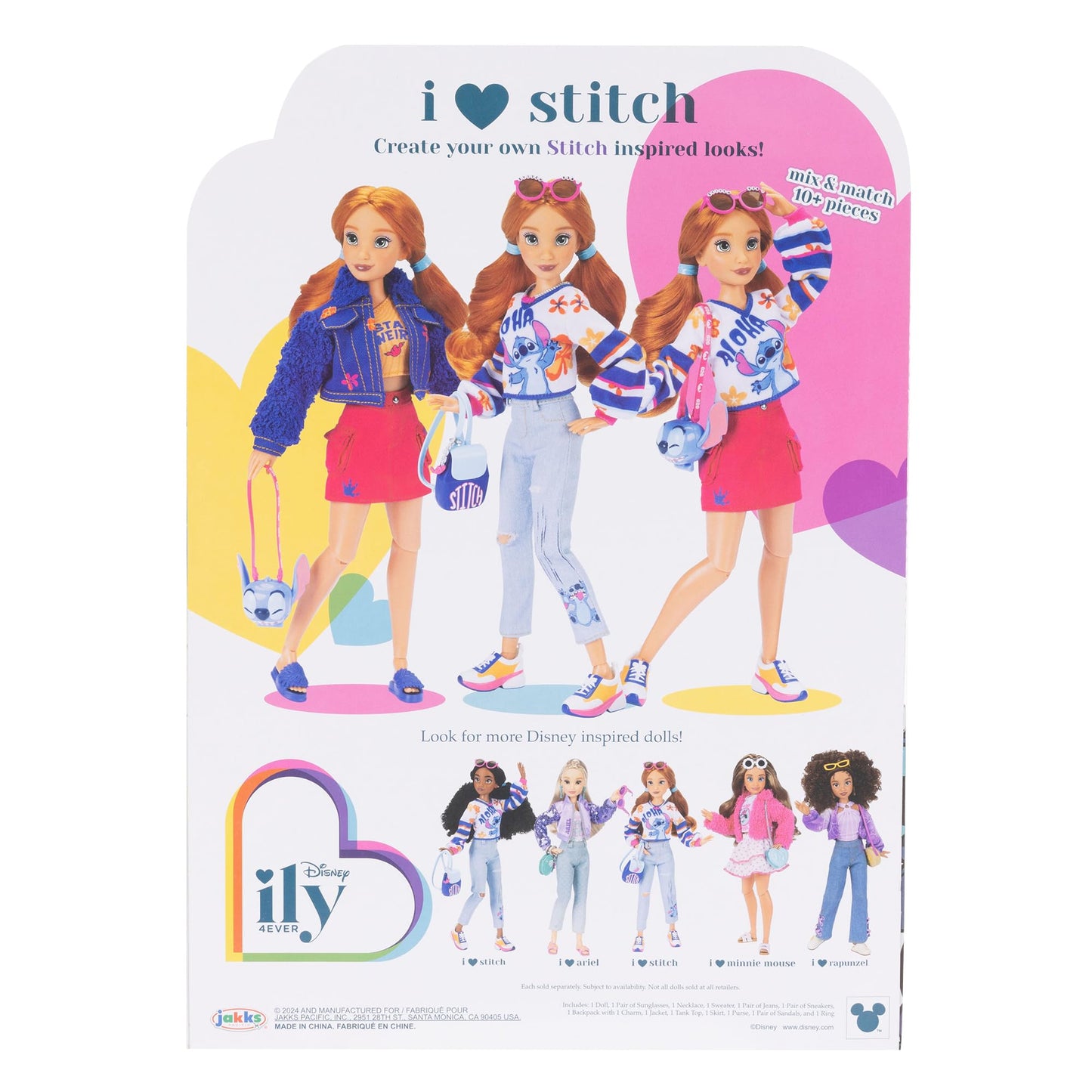 Disney ILY 4EVER Fashion Dolls feature Stitch with Red Hair. Standing at 11.5" with 13 points of articulation, they come with two complete mix-and-match outfits and a glittery Mickey ring.