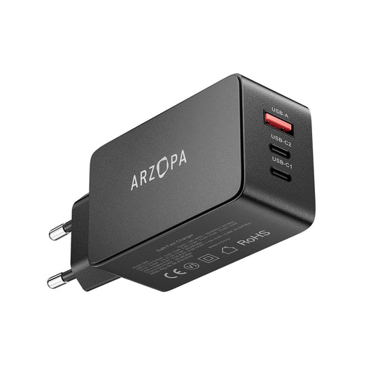 ARZOPA USB C Charger 65W USB-C Power Adapter GaN Charger 3-Port Fast Charger PPS Multiple Charger Compatible with MacBook Pro/Air, iPad Pro, iPhone 16, Samsung Galaxy S24 Ultra, Dell XPS 13, Pixel