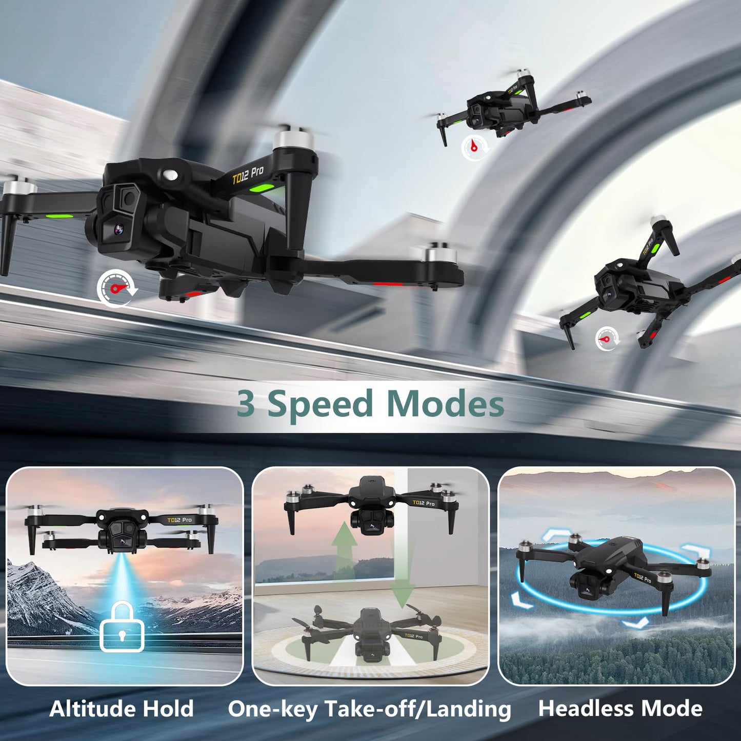 Toladrone TD12Pro drone with 1080P camera, brushless motor, altitude hold, headless mode, 2 cameras, foldable FPV quadcopter for beginners.