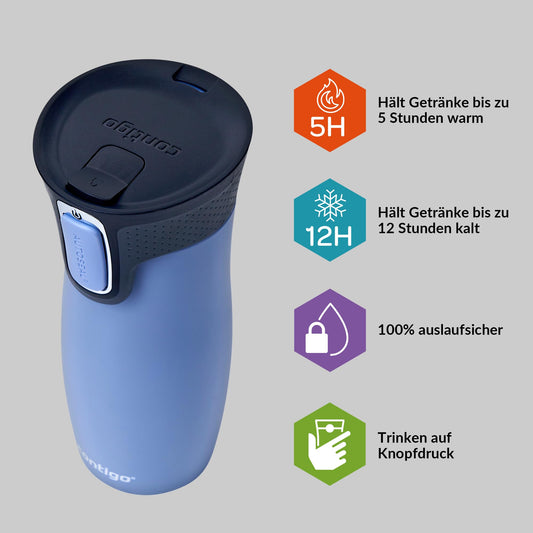 Contigo Unisex-Adult West Loop Autoseal Thermal Mug, Stainless Steel Insulated Mug, Coffee Mug To Go, BPA free, leak-proof travel mug with Easy-Clean Lid, keeps warm for up to 5h, 470 ml, Earl Grey
