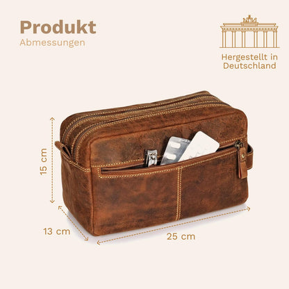 DONBOLSO Culture Bag Stockholm - Leather Cosmetic Bag for Women and Men - Genuine Leather Travel Toiletry Bag and Bath Bag - Practical Makeup Bag with plenty of storage space - Vintage Brown, 15x13x25 cm