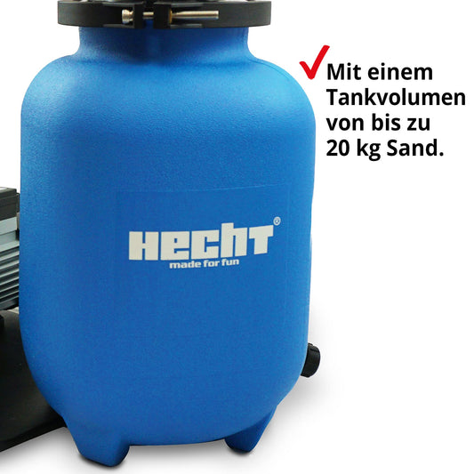 HECHT sand filter systems with a capacity of 11,000 liters, suitable for garden pools. Includes a cleaning pump and a pre-filter for thorough pool cleaning. Features a 7-way valve for easy operation.