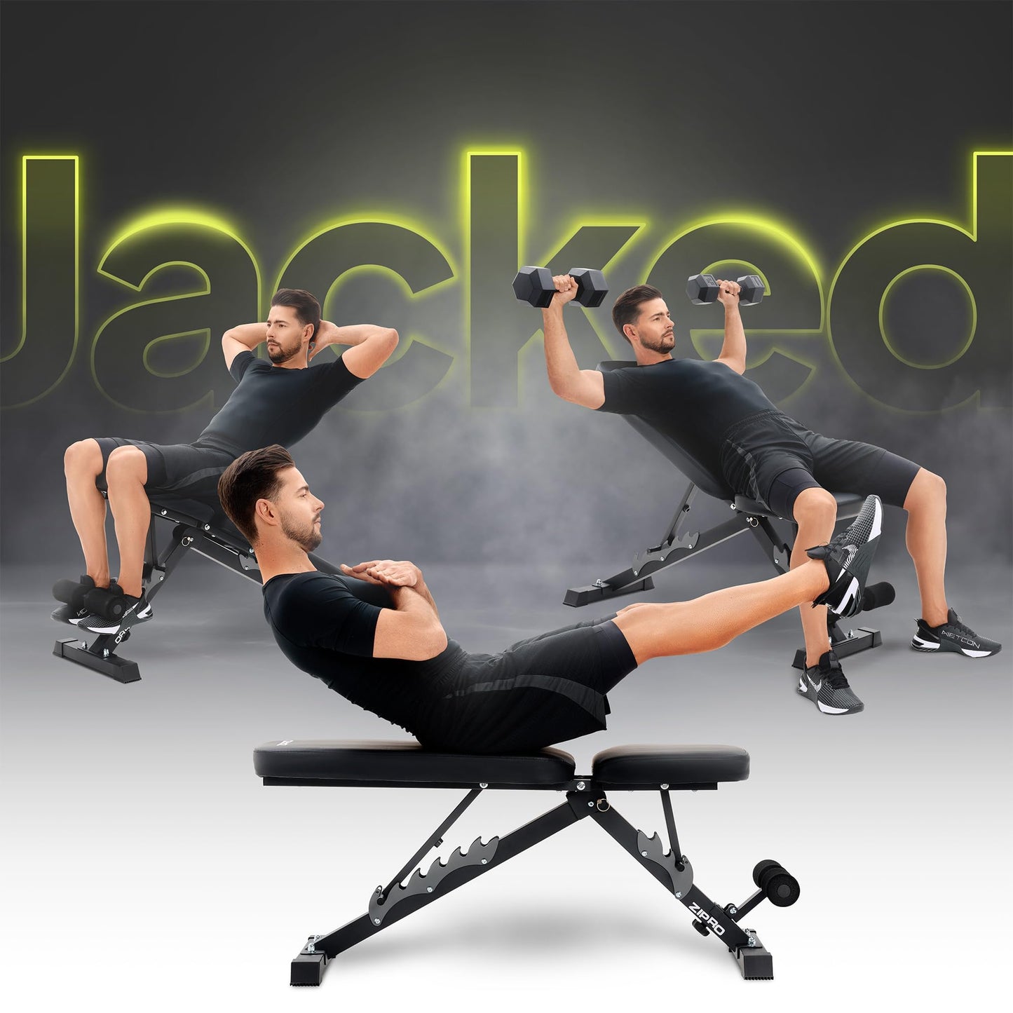 Zipro folding incline bench Jacked, fitness bench with 7-level adjustable backrest, 3-level adjustable seat cushion, weight capacity 230kg, multifunction sit up bench.