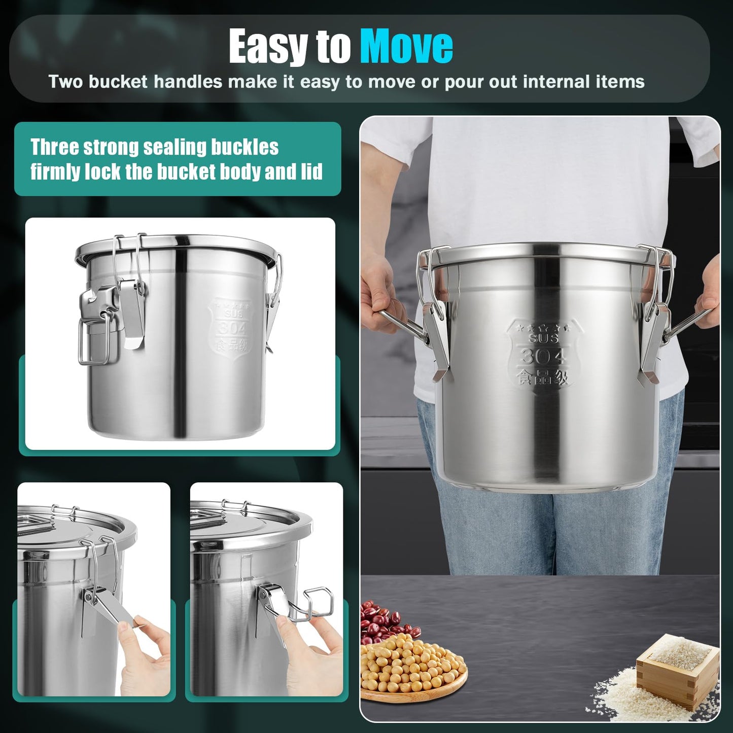 6L/12L Stainless Steel Grain Container Flour Container Airtight Canister Kitchen Cereal Food Storage Container Grain Bin Kitchen Stainless Steel Bucket Kitchen Pail with Lid (12L)