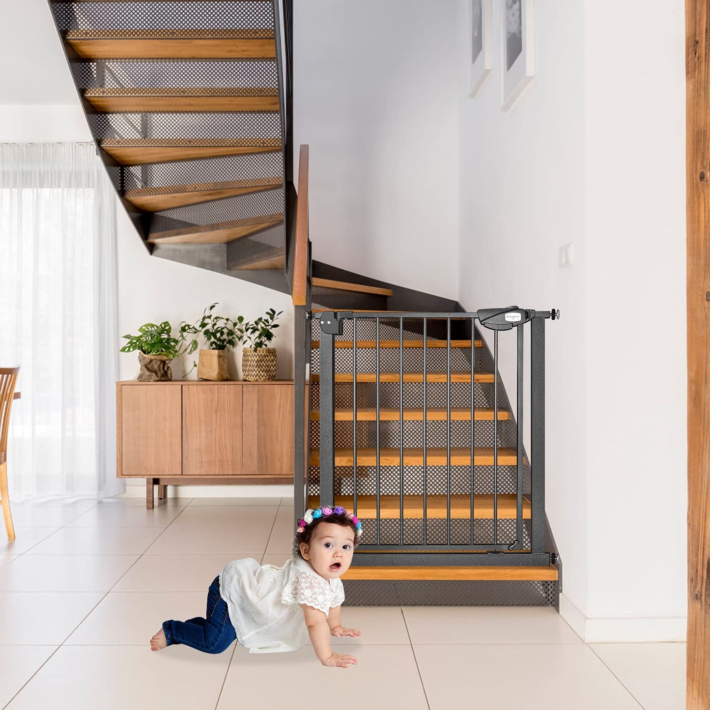 On door safety gate stair gate for children auto-close baby stair gate door gate, without drilling, 180° two-way opening (85-95 cm, Black)