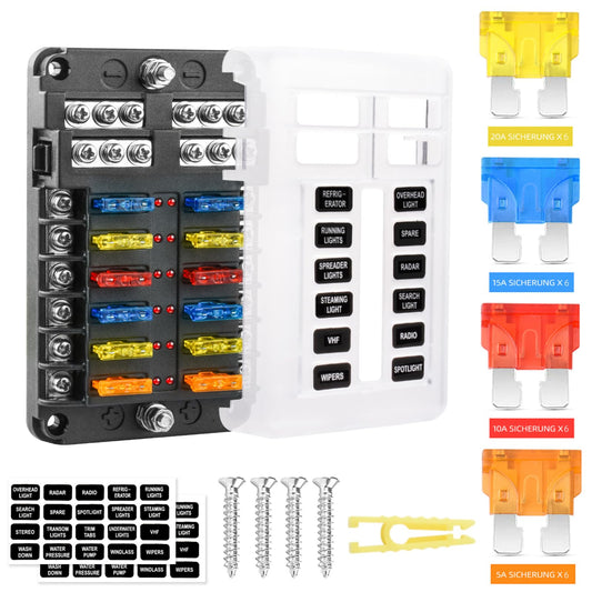 12-way blade fuse, 12V fuse holder car fuse box 24 fuses waterproof fuse block with LED indicator Positive Negative for DC 12V/24V auto truck boat VAN SUV marine vehicle