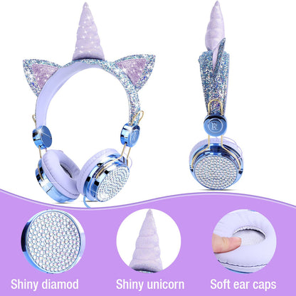 Children's headphones, unicorn glitter stones, children's headphones for girls, wired headphones with unicorn bracelet gift, adjustable stereo headphones with microphone and volume control (Sky blue)