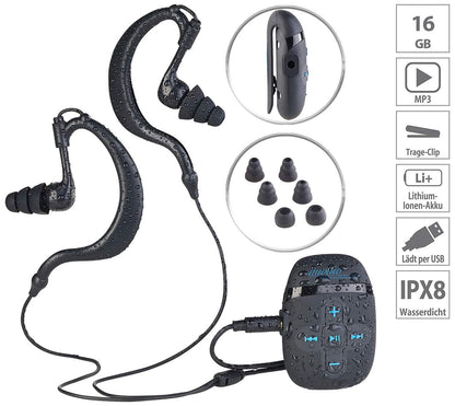 auvisio MP3 player waterproof: Waterproof sports MP3 player DMP-450.x8 with 8 GB storage, IPX8 (wireless waterproof MP3 player, swimming MP3 player, waterproof headphones)