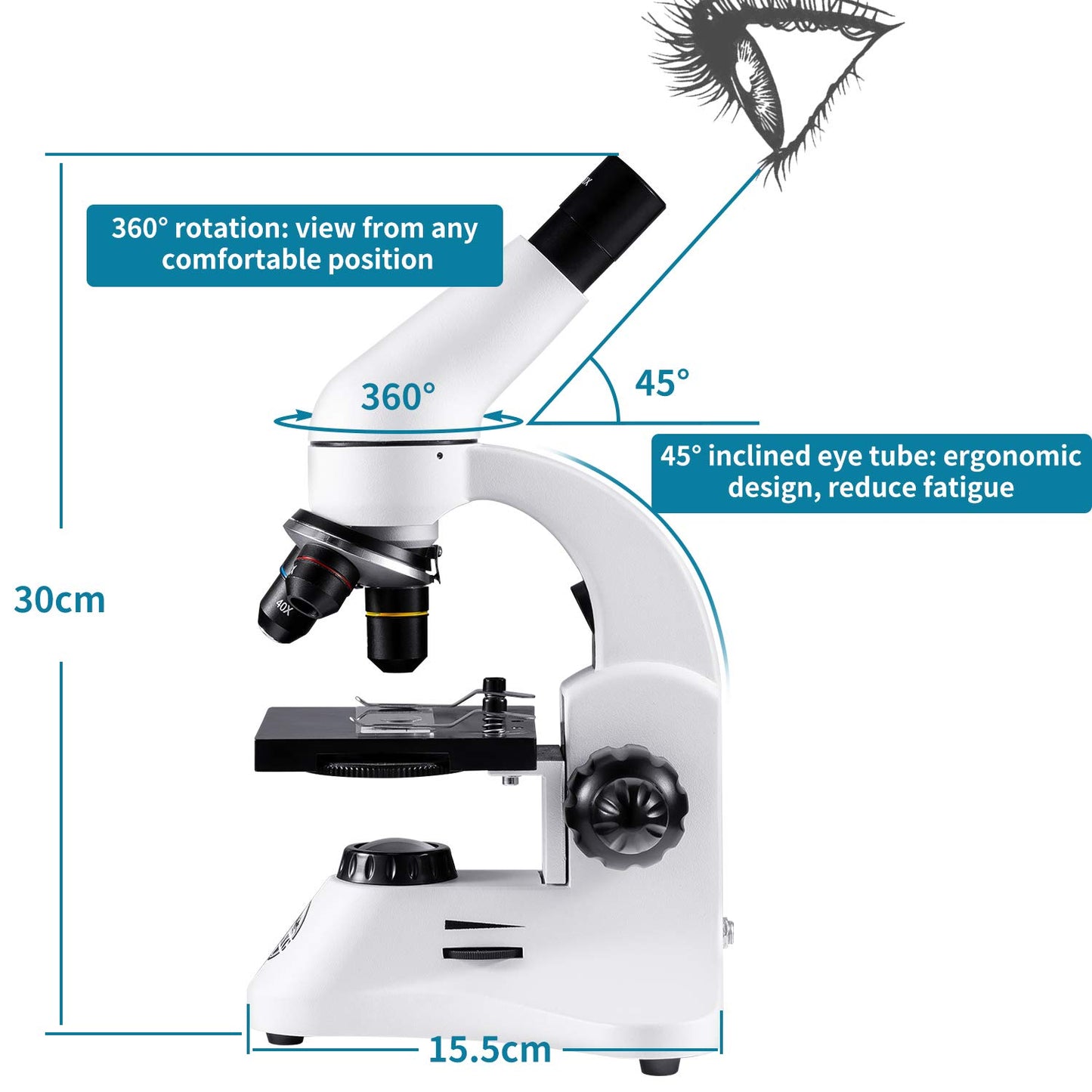 2000X optical microscope, metal body, 2 WF eyepieces, dual illuminator system, EU plug, complete accessories for kids, students, beginners.